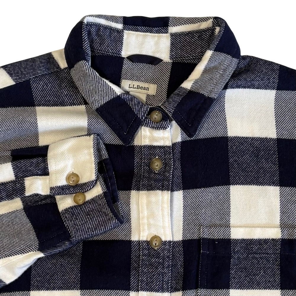 L.L.Bean Flannel Shirt Womens M Navy Blue White Buffalo Check Organic Cotton